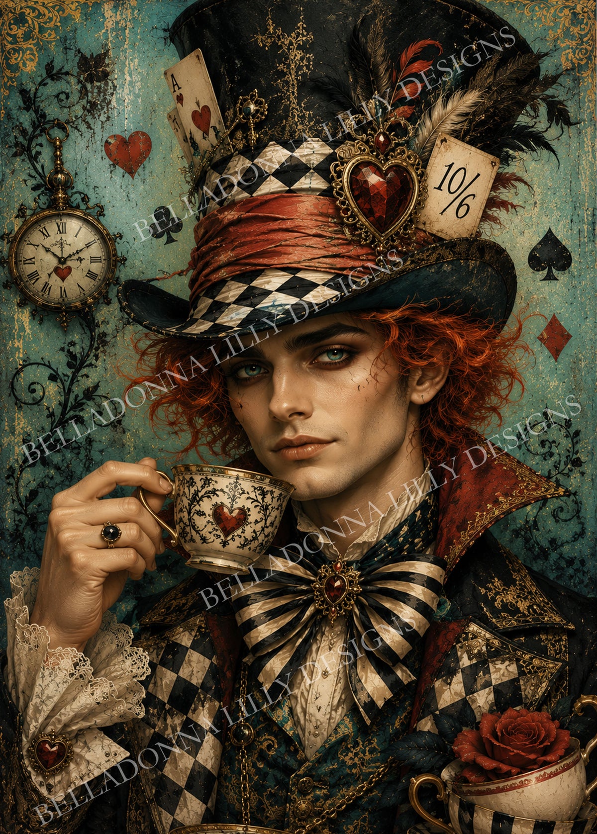 Mad Hatter holding a vintage teacup and wearing a feathered harlequin top hat surrounded by cards, clocks, hearts and roses.

