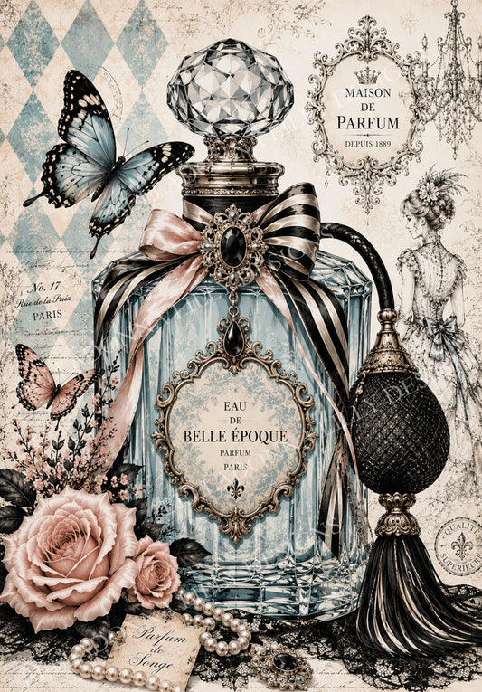 Maison de Parfum Belle Époque decoupage rice paper featuring an ornate powder blue Victorian perfume bottle, butterflies, blush roses, pearls and Parisian details.