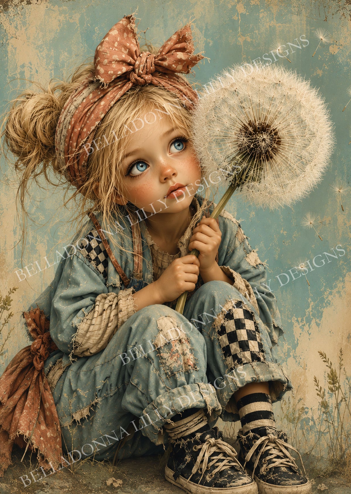 Make a Wish vintage storybook girl with a fabric bow holding an oversized dandelion on Belladonna Lilly Designs rice paper.