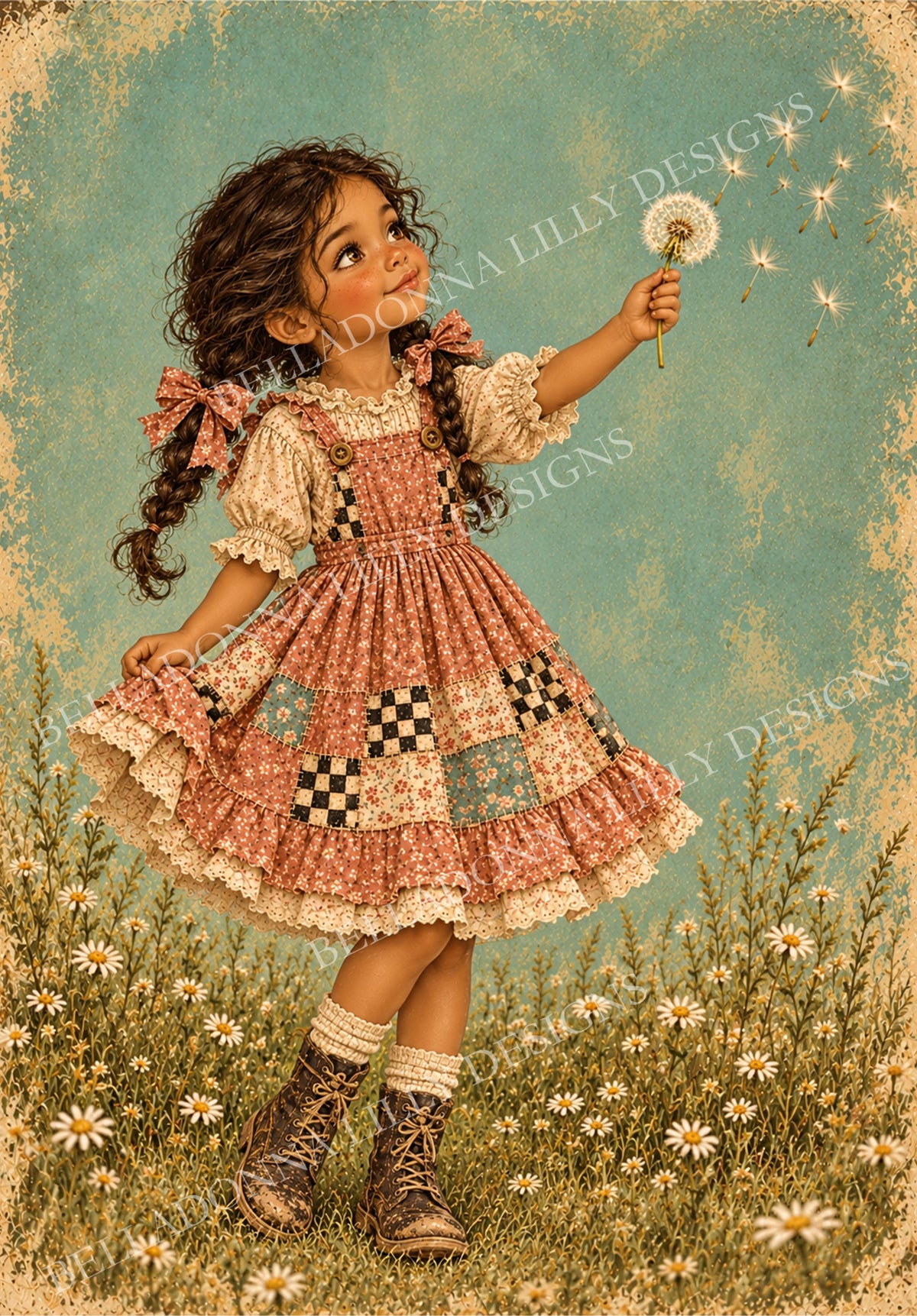 Little girl with dark braids and coral bows standing in a wildflower meadow, lifting her patchwork skirt and holding a dandelion as seeds drift across an aged aqua background.