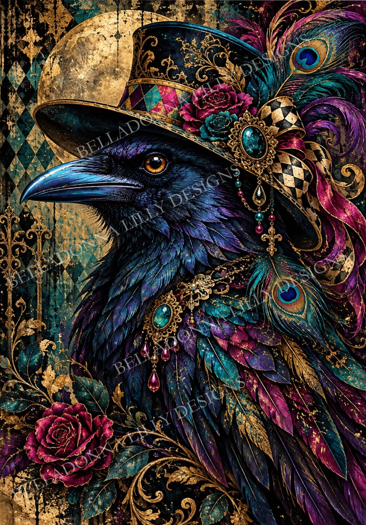 Jewel-toned raven wearing an ornate top hat with roses, peacock feathers and gold details