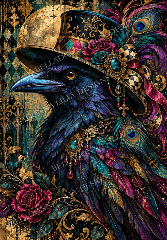 Jewel-toned raven wearing an ornate top hat with roses, peacock feathers and gold details