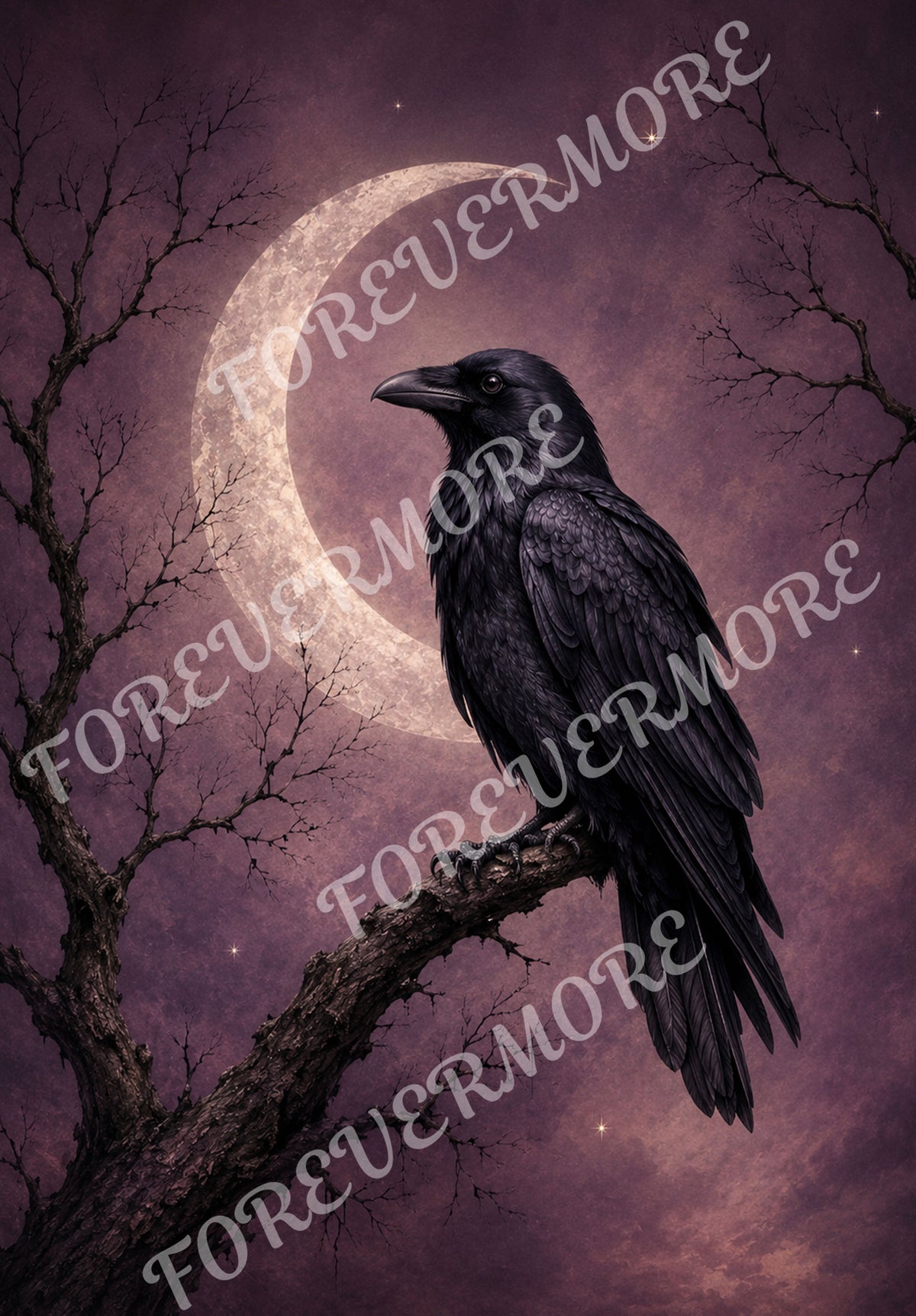Moonlit Omen Gothic raven decoupage rice paper featuring a detailed black raven perched on a twisted branch before a glowing crescent moon and dusty plum night sky.