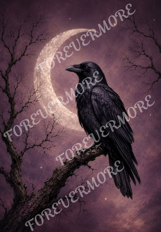 Moonlit Omen Gothic raven decoupage rice paper featuring a detailed black raven perched on a twisted branch before a glowing crescent moon and dusty plum night sky.