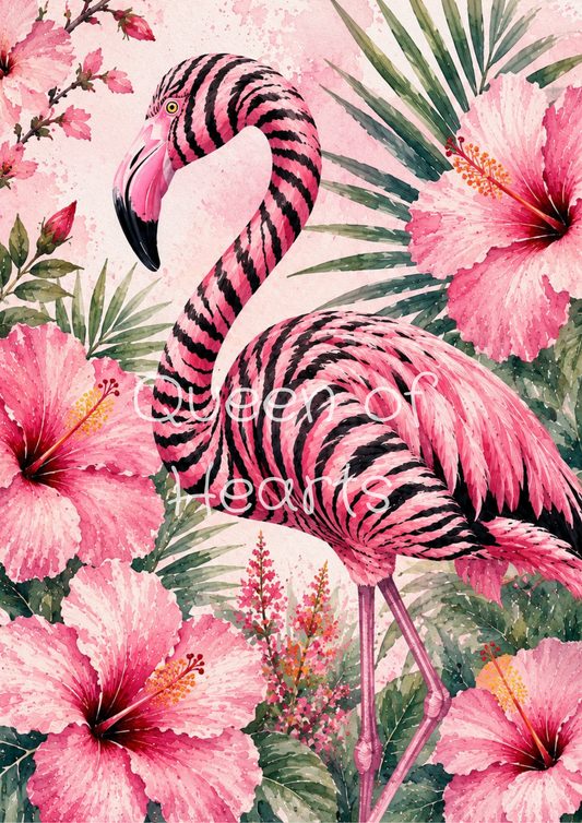 A tropical art print featuring a pink flamingo with black stripes, surrounded by large pink hibiscus flowers and green palm leaves on a light pink background. 