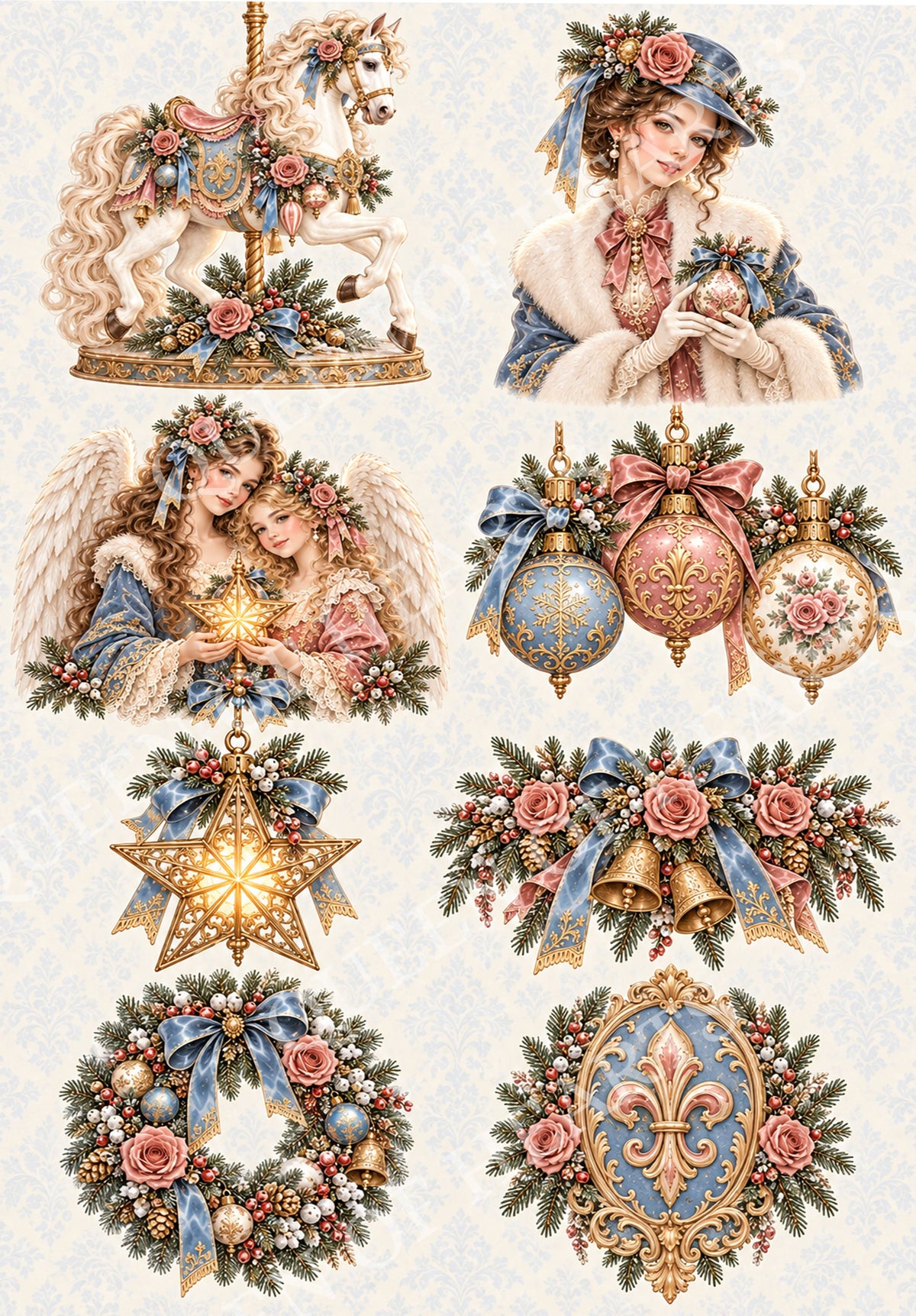 Maison de Noël Christmas vignettes featuring carousel horse lady angels ornaments wreath bells and star.