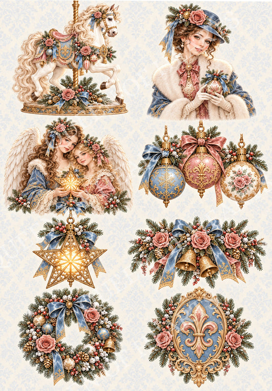 Maison de Noël Christmas vignettes featuring carousel horse lady angels ornaments wreath bells and star.
