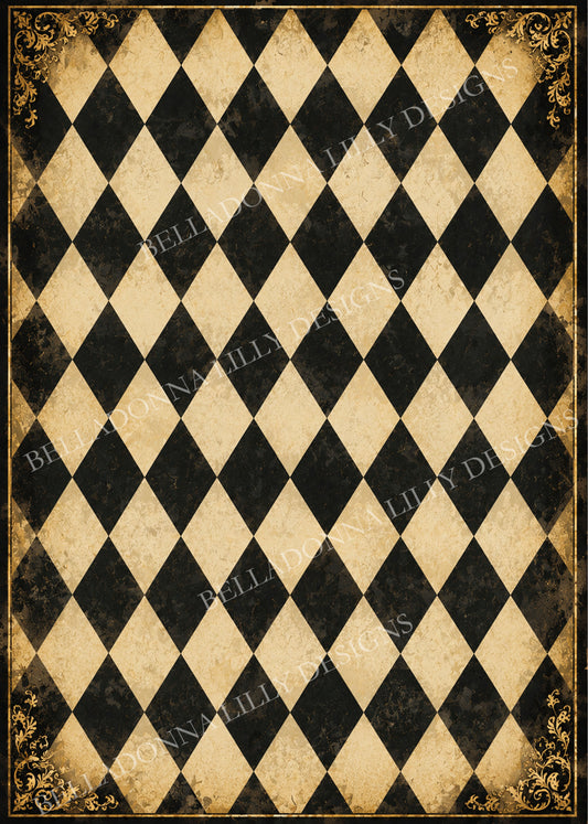 Distressed black-and-antique-cream harlequin diamond pattern framed by a thin gold-toned border with ornate floral scrollwork in all four corners.