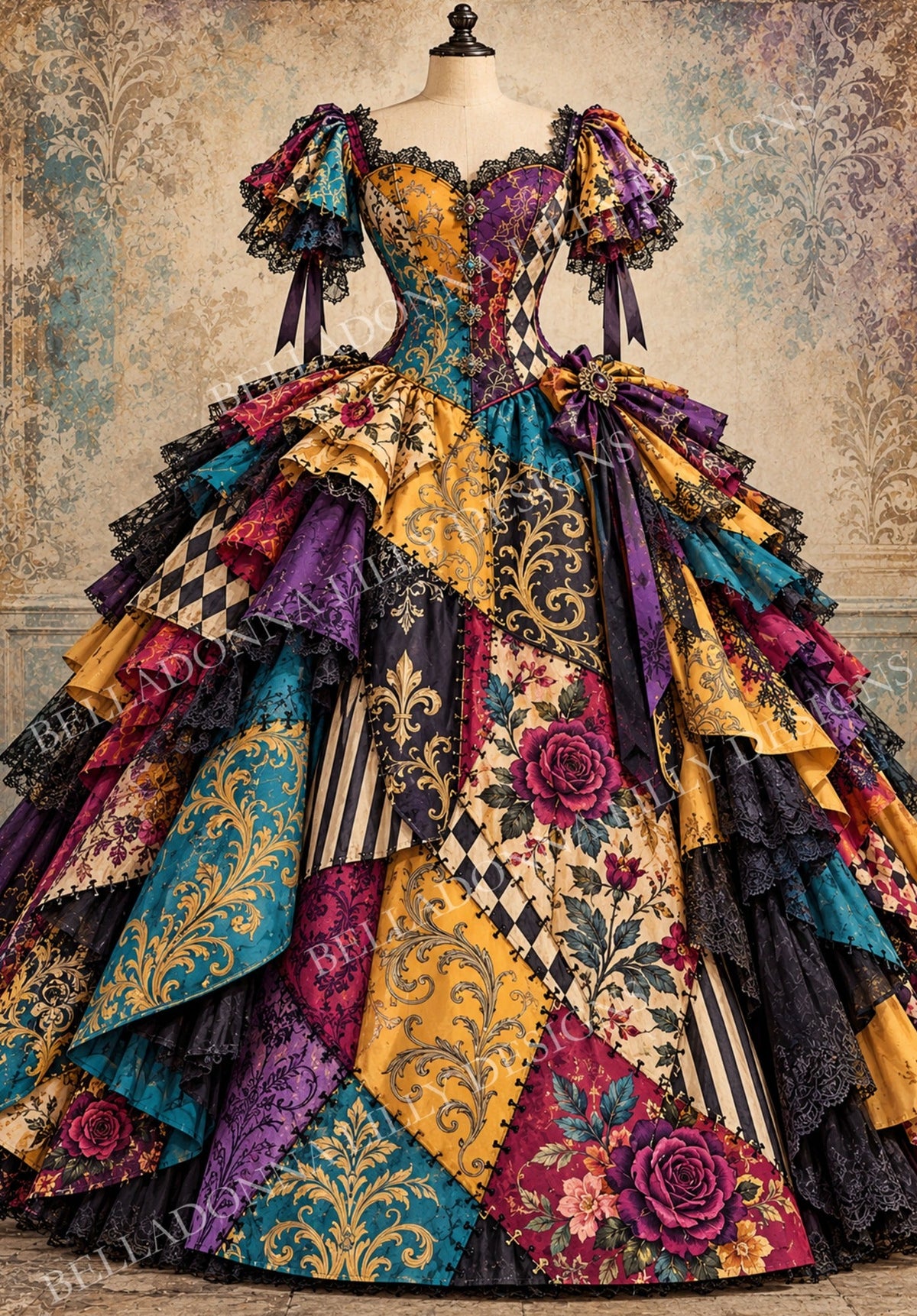 Victorian patchwork gown on a dress form with teal, purple, gold and rose fabrics