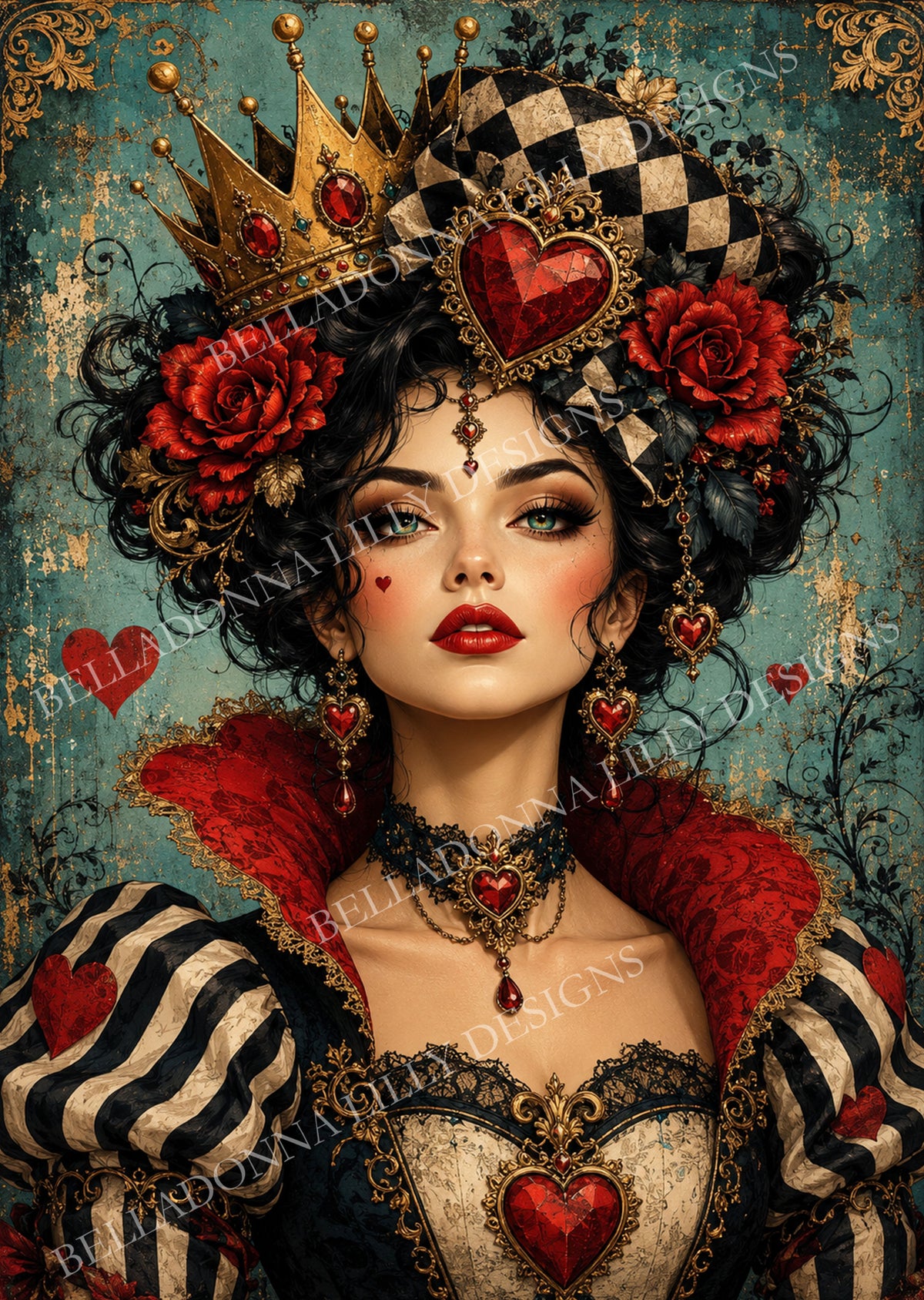 Regal Queen of Hearts wearing a jeweled golden crown with crimson roses, harlequin patterns, heart-shaped jewelry and a distressed teal Wonderland background.