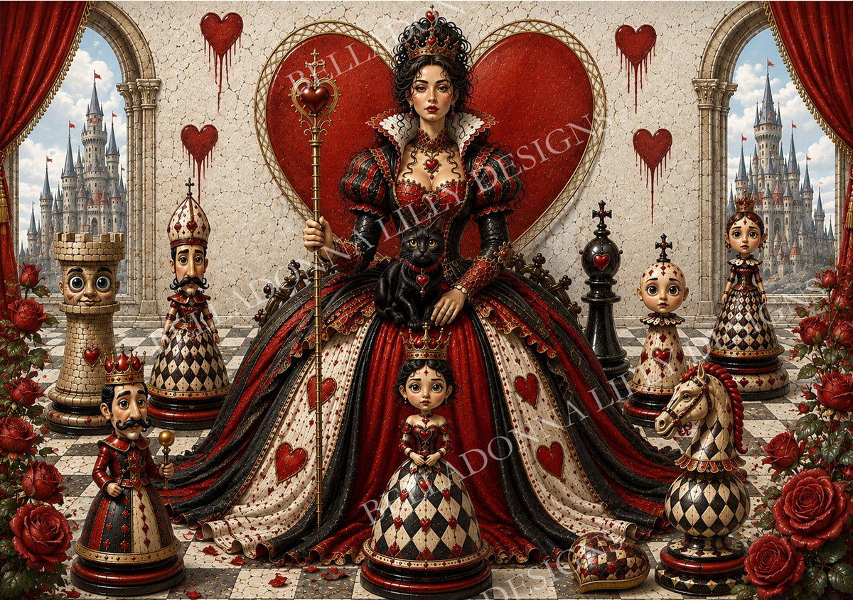 Queen’s Court fantasy decoupage artwork featuring the Queen of Hearts, black cat, whimsical chess characters, castle towers and red roses.