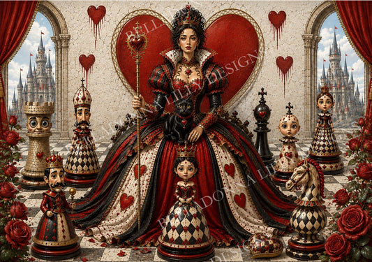 Queen’s Court fantasy decoupage artwork featuring the Queen of Hearts, black cat, whimsical chess characters, castle towers and red roses.