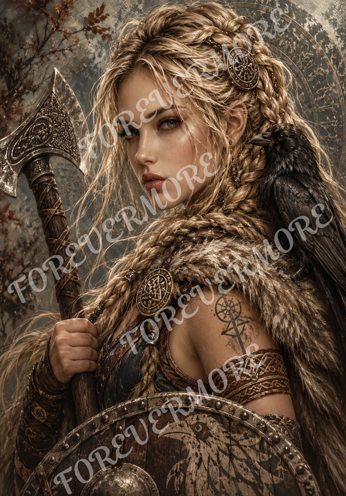 Raven Shield Warrior 2 with black raven, ornate battle axe and Nordic shield – Forevermore decoupage rice paper by VFlex