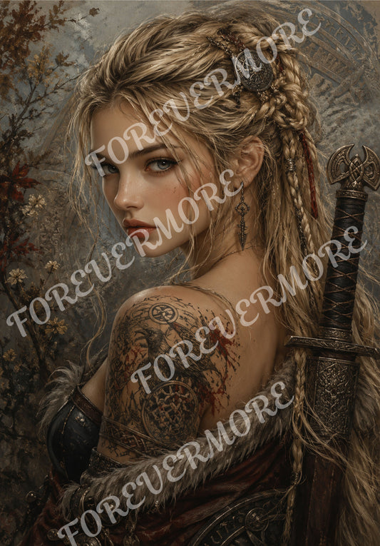 Raven Shield Warrior with braided blonde hair, Nordic tattoos and ornate sword – Forevermore decoupage rice paper by VFlex