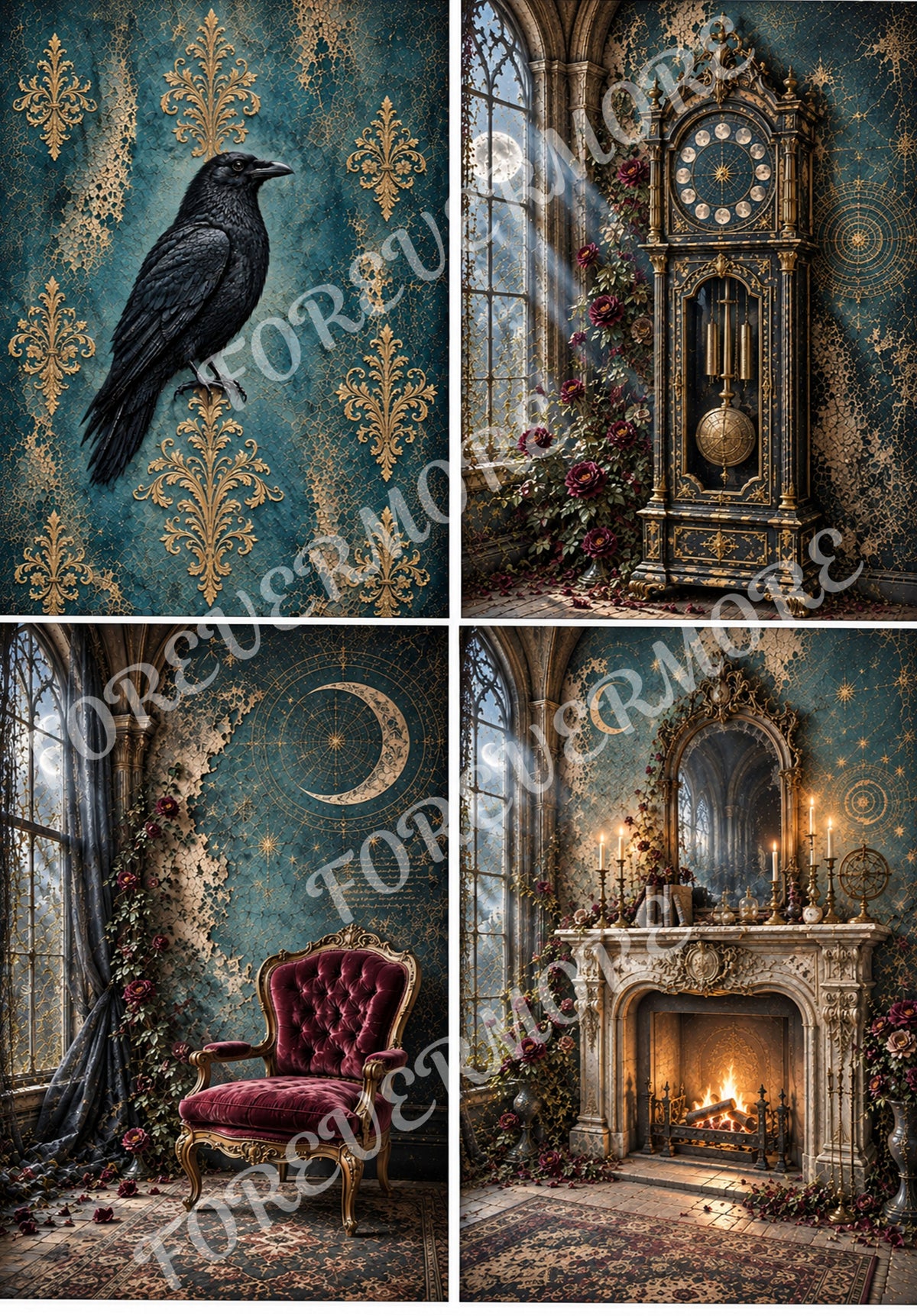Rooms of Forevermore Gothic decoupage rice paper with black raven, celestial clock, burgundy velvet chair and ornate fireplace