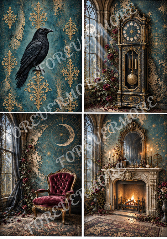 Rooms of Forevermore Gothic decoupage rice paper with black raven, celestial clock, burgundy velvet chair and ornate fireplace