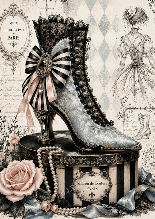 Rue de la Paix powder-blue Victorian button boot with black lace, striped bow, jeweled embellishments, pearls and blush roses.