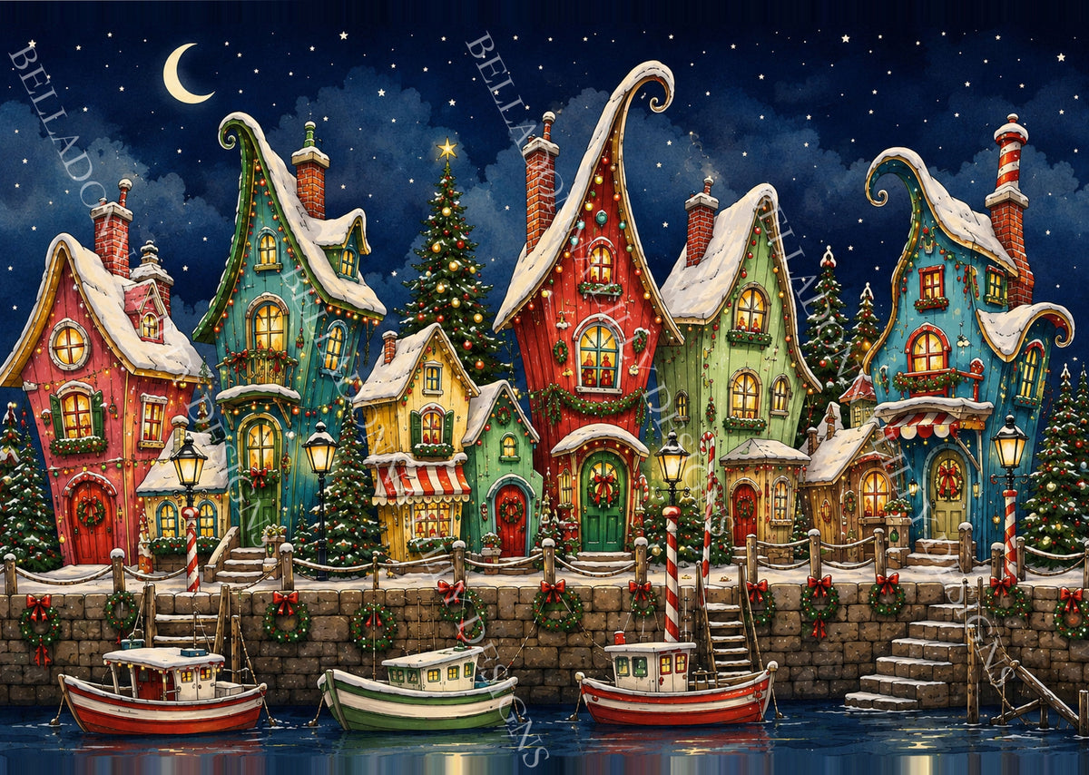 Seaside Christmas Village decoupage rice paper featuring colorful snow-covered waterfront houses, decorated boats, glowing lamps and a starry blue sky.