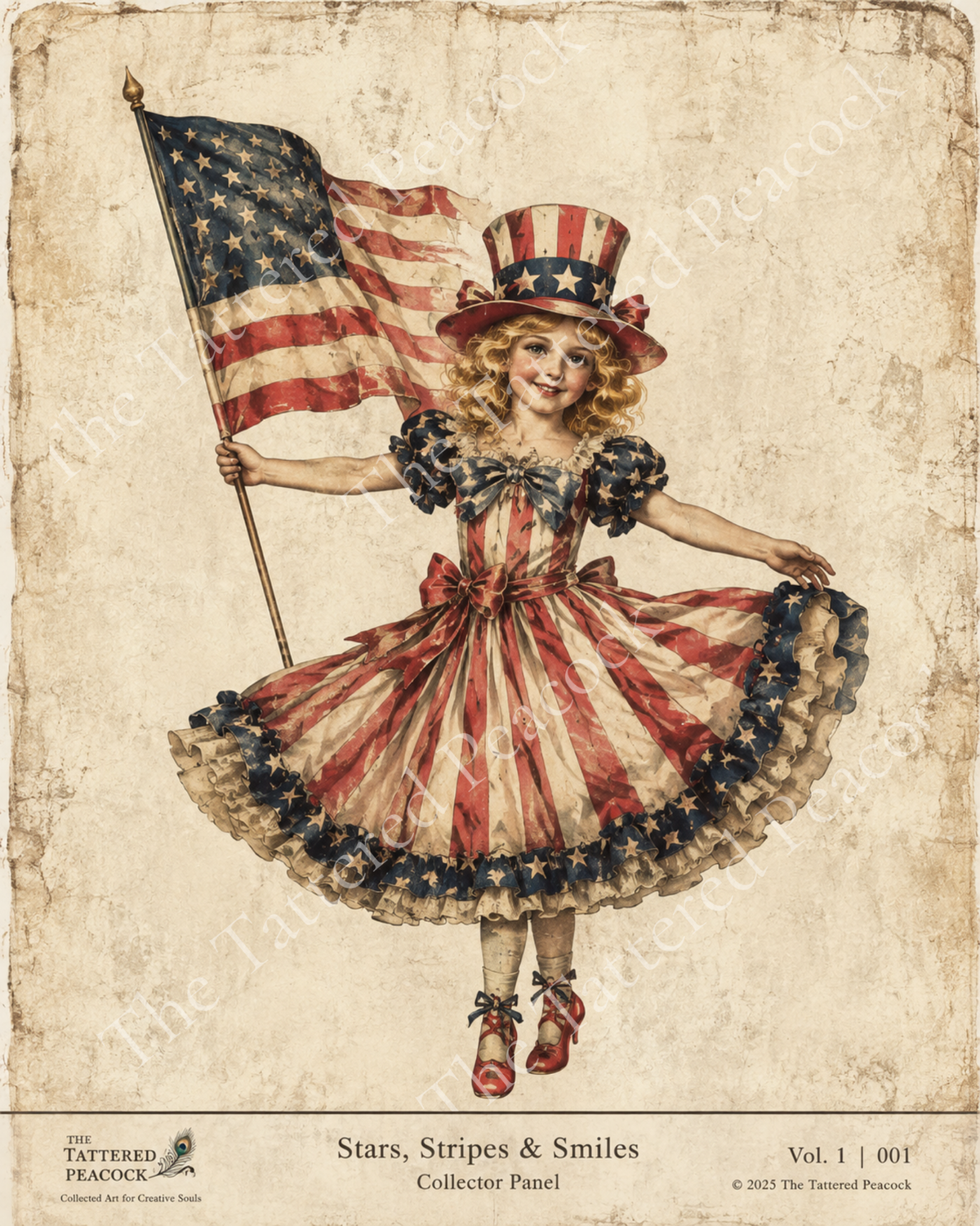 Vintage patriotic girl holding an American flag in a stars-and-stripes dress on a Tattered Peacock cotton Collector Panel.