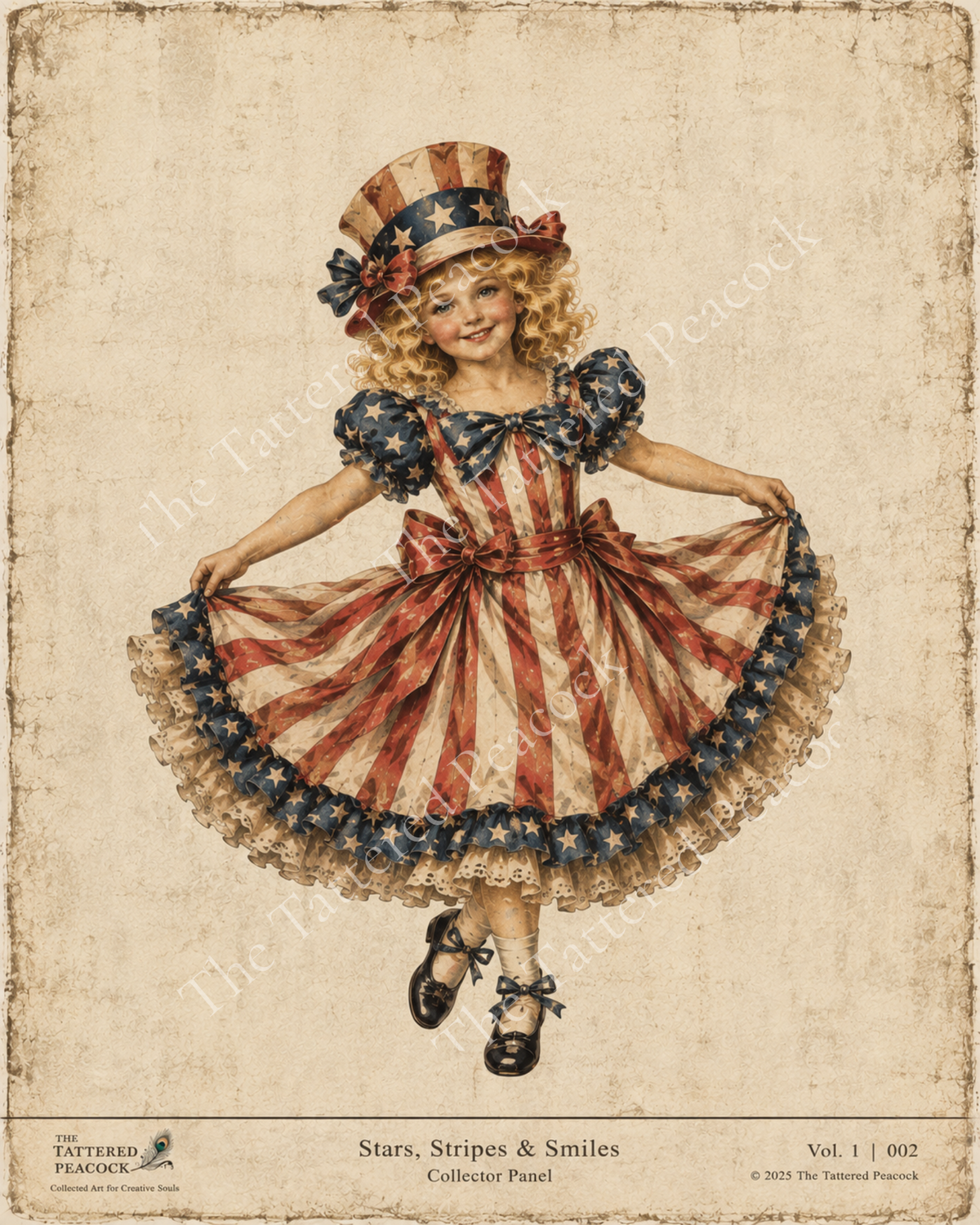 Smiling vintage girl displaying a ruffled red, cream, and blue patriotic dress on a Tattered Peacock cotton Collector Panel.