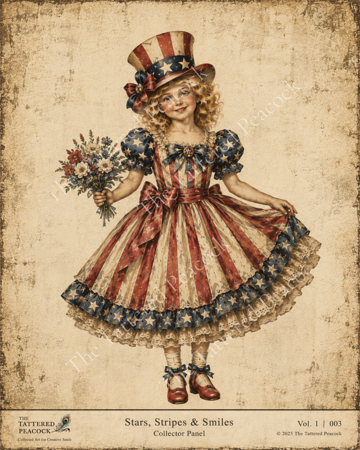 Vintage patriotic girl holding a red, white, and blue flower bouquet on a Tattered Peacock cotton Collector Panel.