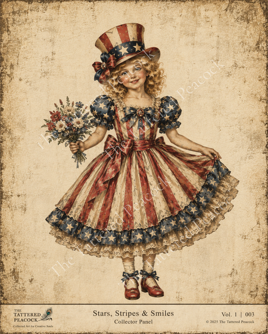 Vintage patriotic girl holding a red, white, and blue flower bouquet on a Tattered Peacock cotton Collector Panel.