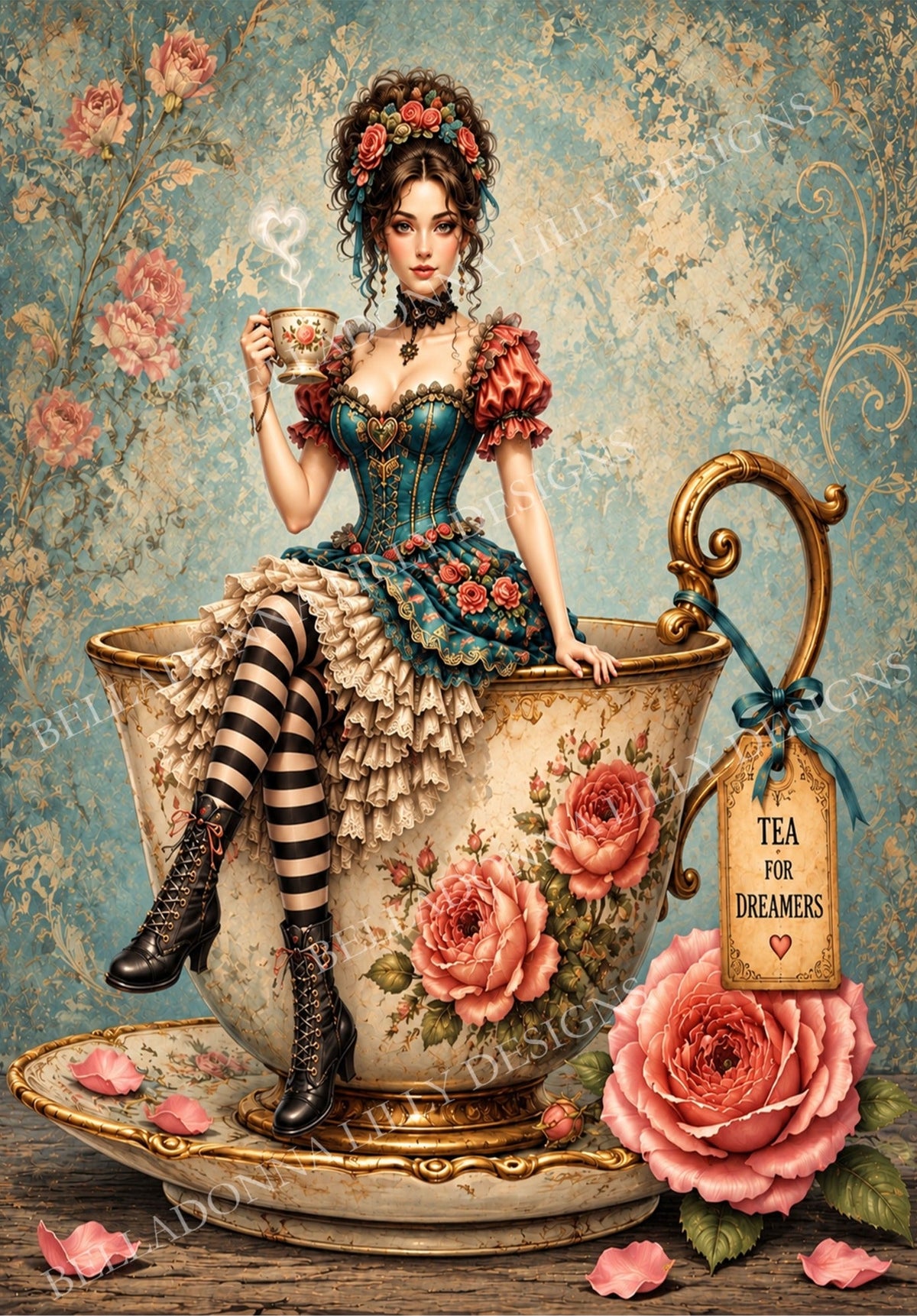 Tea for Dreamers — teal, pink rose and antique gold whimsical artwork by Belladonna Lilly Designs