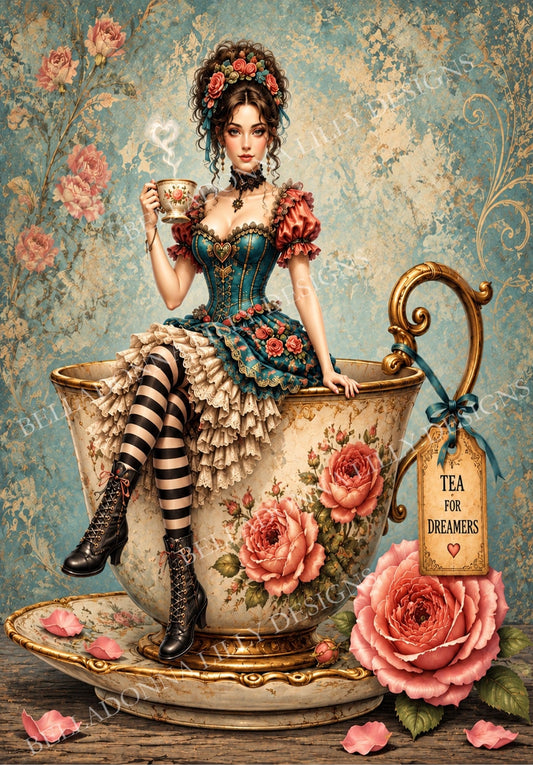 Tea for Dreamers — teal, pink rose and antique gold whimsical artwork by Belladonna Lilly Designs