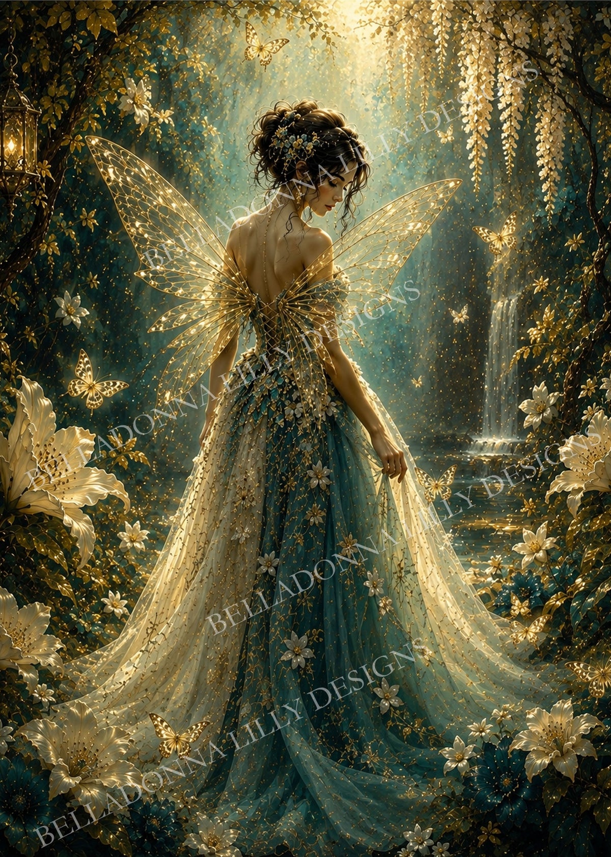 Golden Fairy 2 decoupage rice paper featuring a fairy viewed from behind with luminous golden wings, a flowing teal and ivory gown, flowers and butterflies.
