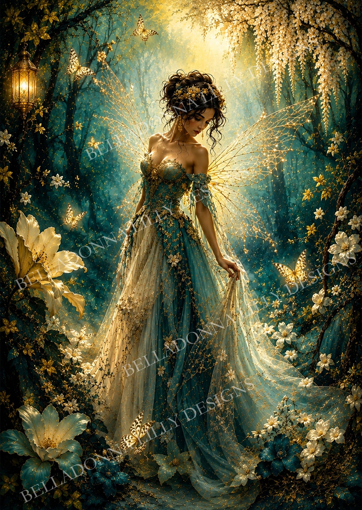 Golden Fairy decoupage rice paper featuring an elegant fairy in a teal and ivory gown with luminous golden wings, butterflies and flowers in an enchanted woodland.