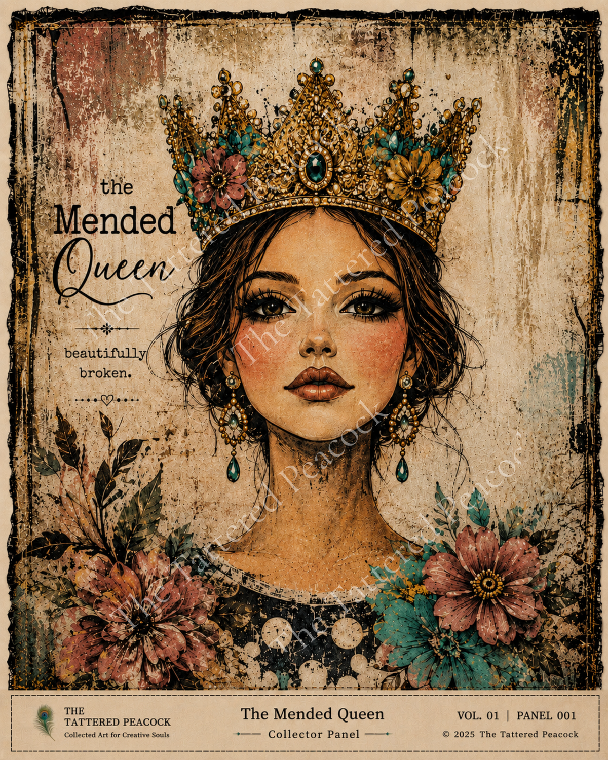 The Mended Queen 8×10 cotton fabric Collector Panel with a crowned woman, colorful flowers and distressed vintage details.