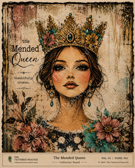 The Mended Queen 8×10 cotton fabric Collector Panel with a crowned woman, colorful flowers and distressed vintage details.