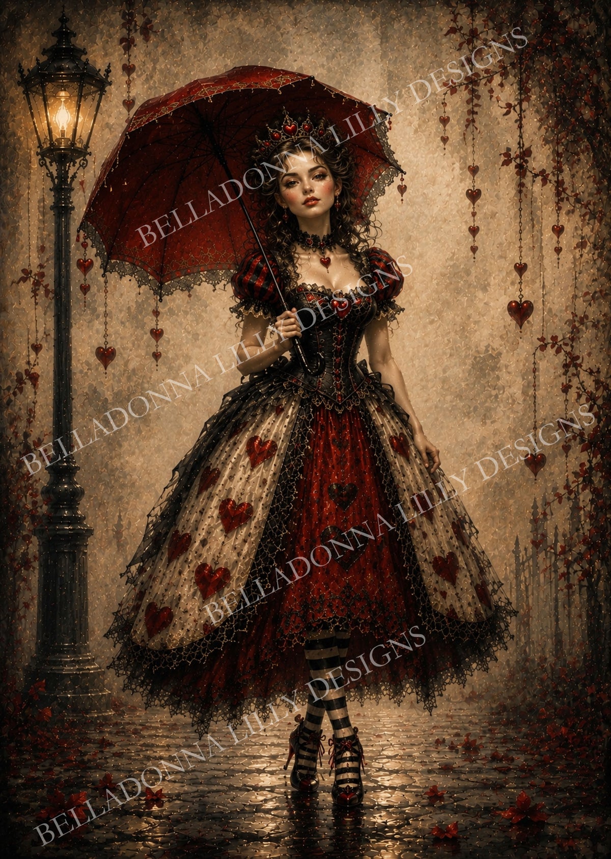 The Royal Queen romantic gothic decoupage artwork featuring a crowned woman in a red, black and cream heart-patterned gown beneath a crimson parasol.
