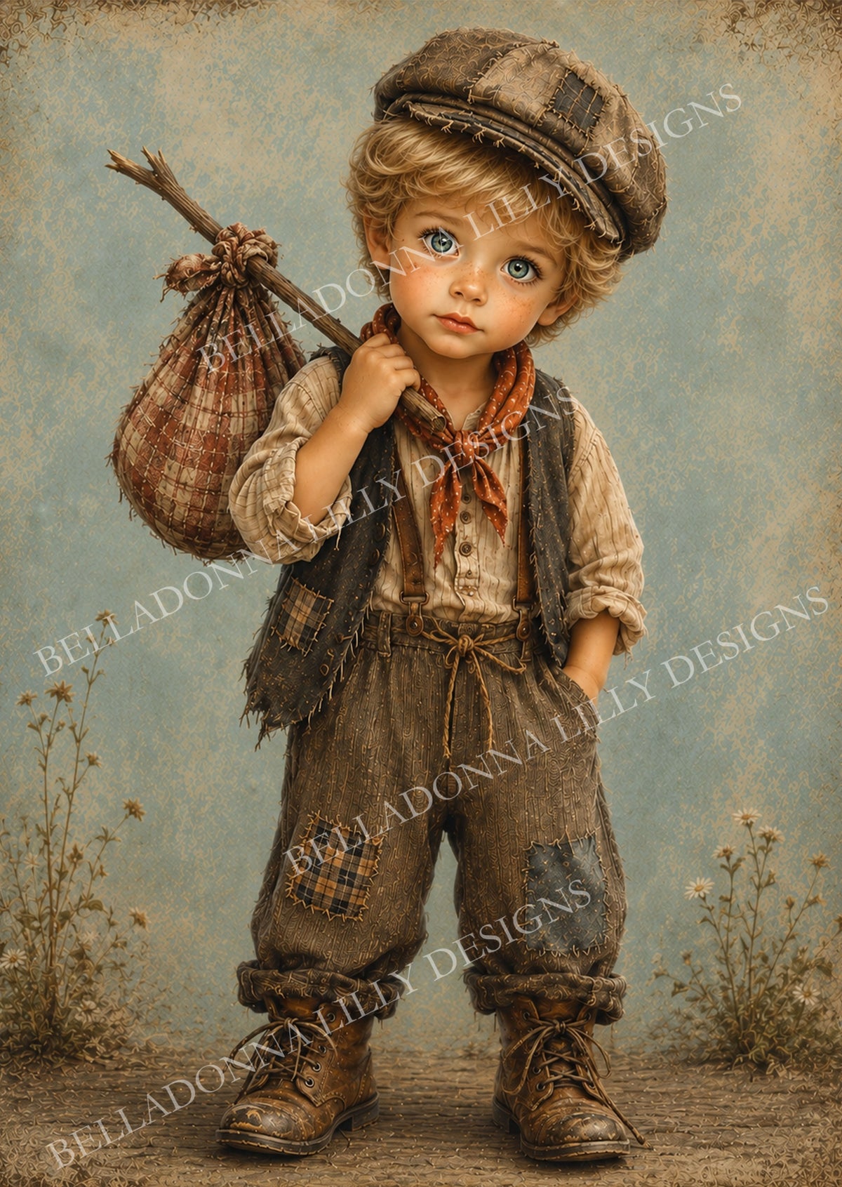 The Wanderer vintage storybook boy carrying a bindle in patched clothing on Belladonna Lilly Designs decoupage rice paper.