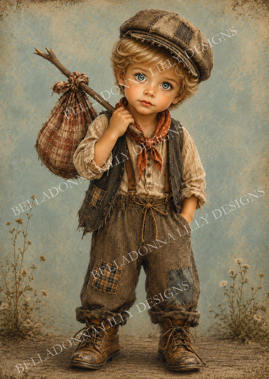 The Wanderer vintage storybook boy carrying a bindle in patched clothing on Belladonna Lilly Designs decoupage rice paper.