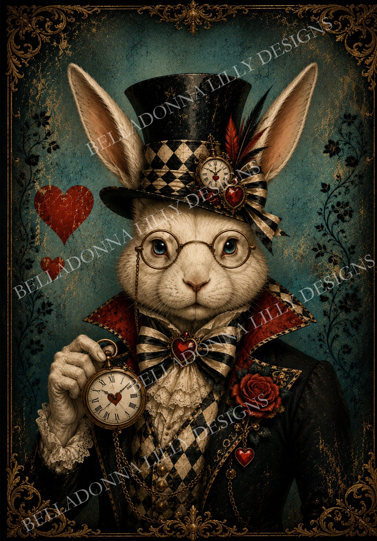 White Rabbit wearing spectacles, an ornate top hat and harlequin waistcoat while holding a vintage pocket watch against a distressed teal Wonderland background.