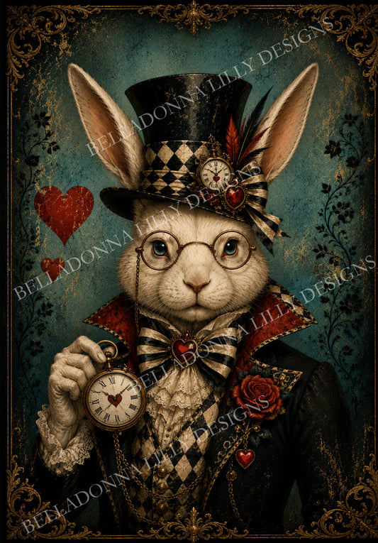 White Rabbit wearing spectacles, an ornate top hat and harlequin waistcoat while holding a vintage pocket watch against a distressed teal Wonderland background.