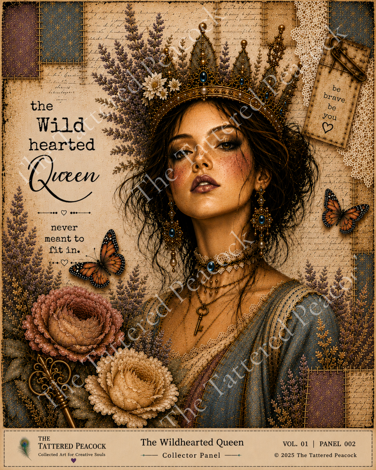 The Wildhearted Queen 8×10 cotton fabric Collector Panel featuring a crowned woman, butterflies, flowers, lace and vintage patchwork.
