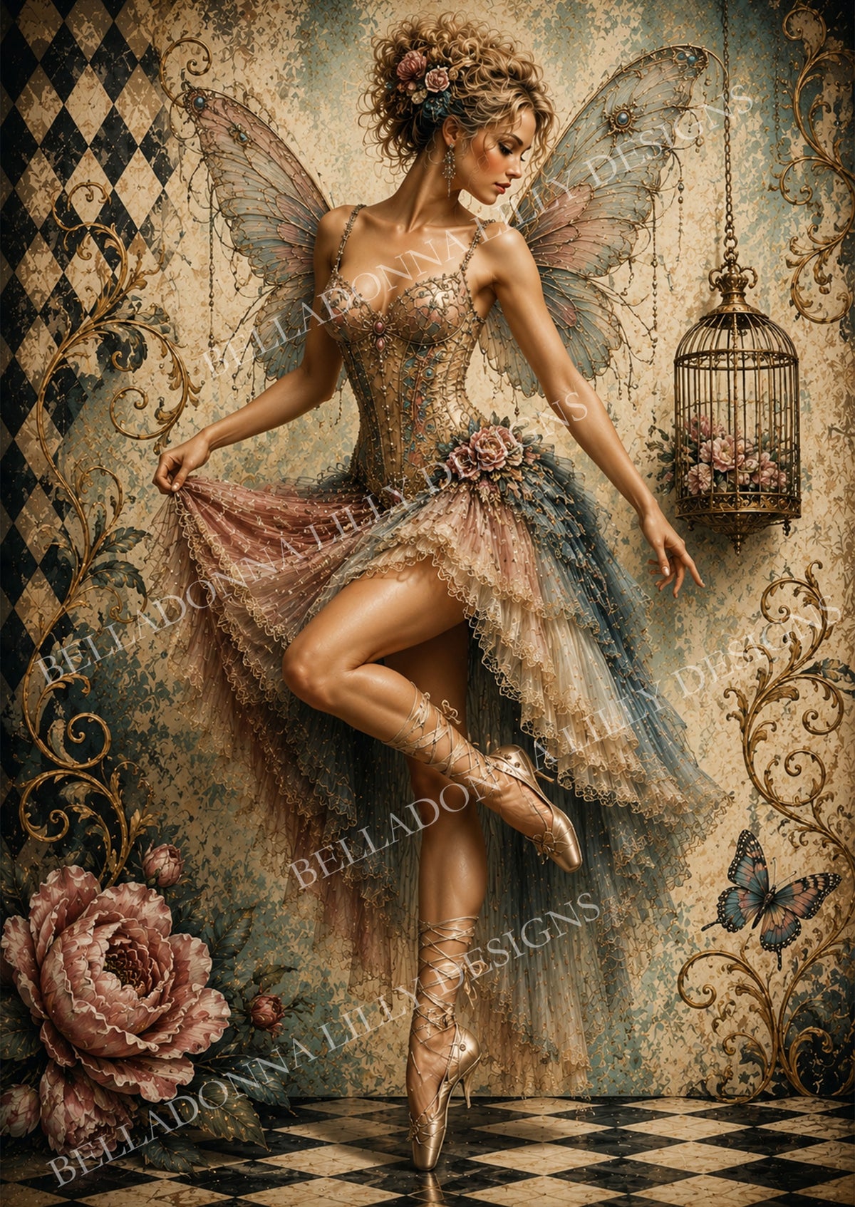 The Winged Dancer fairy ballerina wearing a rose and muted blue gown with delicate wings, vintage flowers, a birdcage and harlequin details on Belladonna Lilly Designs decoupage rice paper.