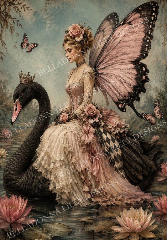 The Butterfly Queen Belladonna Lilly decoupage rice paper featuring a fairy queen with butterfly wings riding a crowned black swan among pink water lilies.