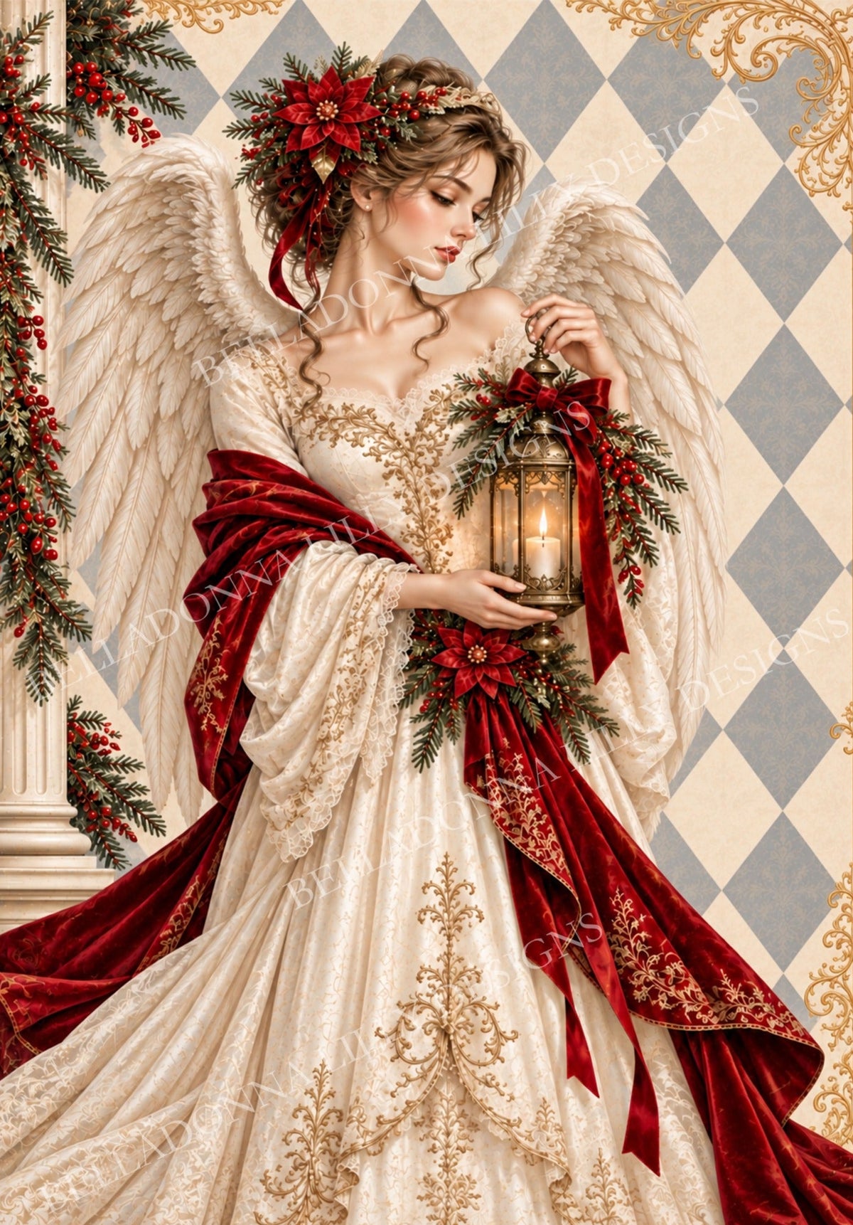 Christmas angel with ivory wings, an embroidered gown and a glowing lantern on harlequin Christmas decoupage rice paper by Belladonna Lilly Designs