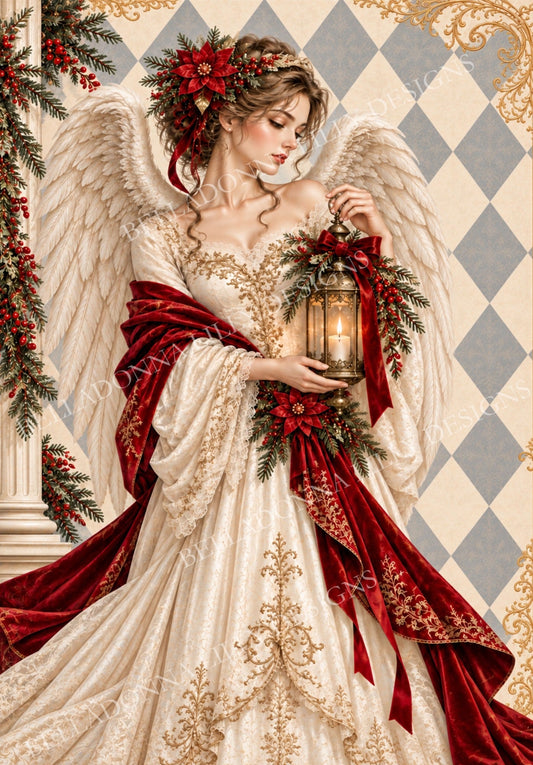 Christmas angel with ivory wings, an embroidered gown and a glowing lantern on harlequin Christmas decoupage rice paper by Belladonna Lilly Designs