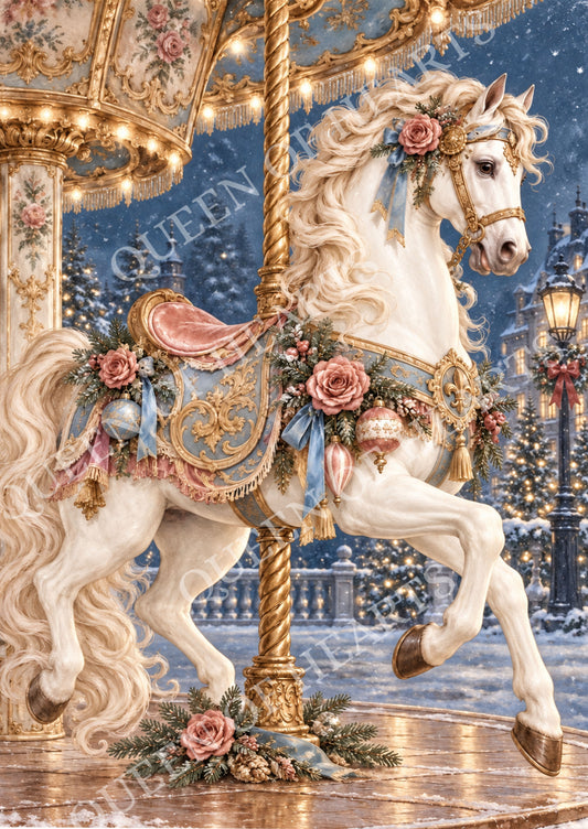 White Christmas carousel horse decorated with French blue dusty rose roses ribbons and antique gold.