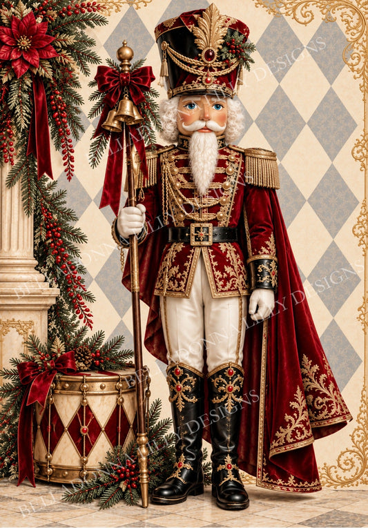 Victorian nutcracker in a crimson and gold uniform beside a festive drum on harlequin Christmas decoupage rice paper by Belladonna Lilly Designs