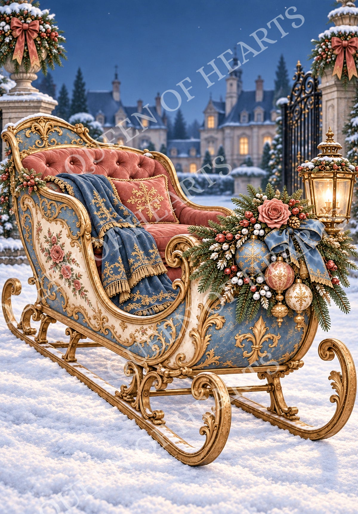 Ornate French blue and dusty rose Christmas sleigh with gold scrollwork and holiday greenery.