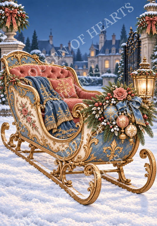 Ornate French blue and dusty rose Christmas sleigh with gold scrollwork and holiday greenery.