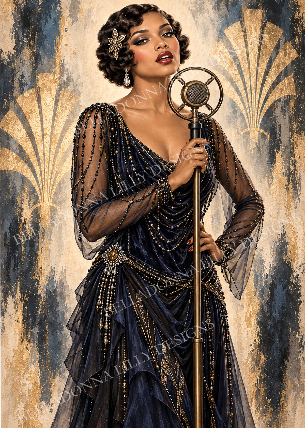 The Jazz Age 1 Art Deco jazz singer in midnight blue gown with vintage microphone – Belladonna Lilly decoupage rice paper