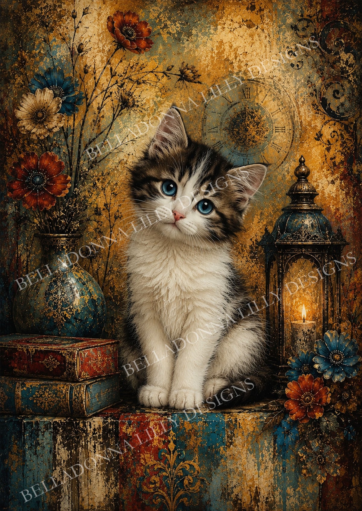 The Little Dreamer blue-eyed kitten with teal and rust flowers, vintage books, clock and glowing lantern – Belladonna Lilly decoupage rice paper