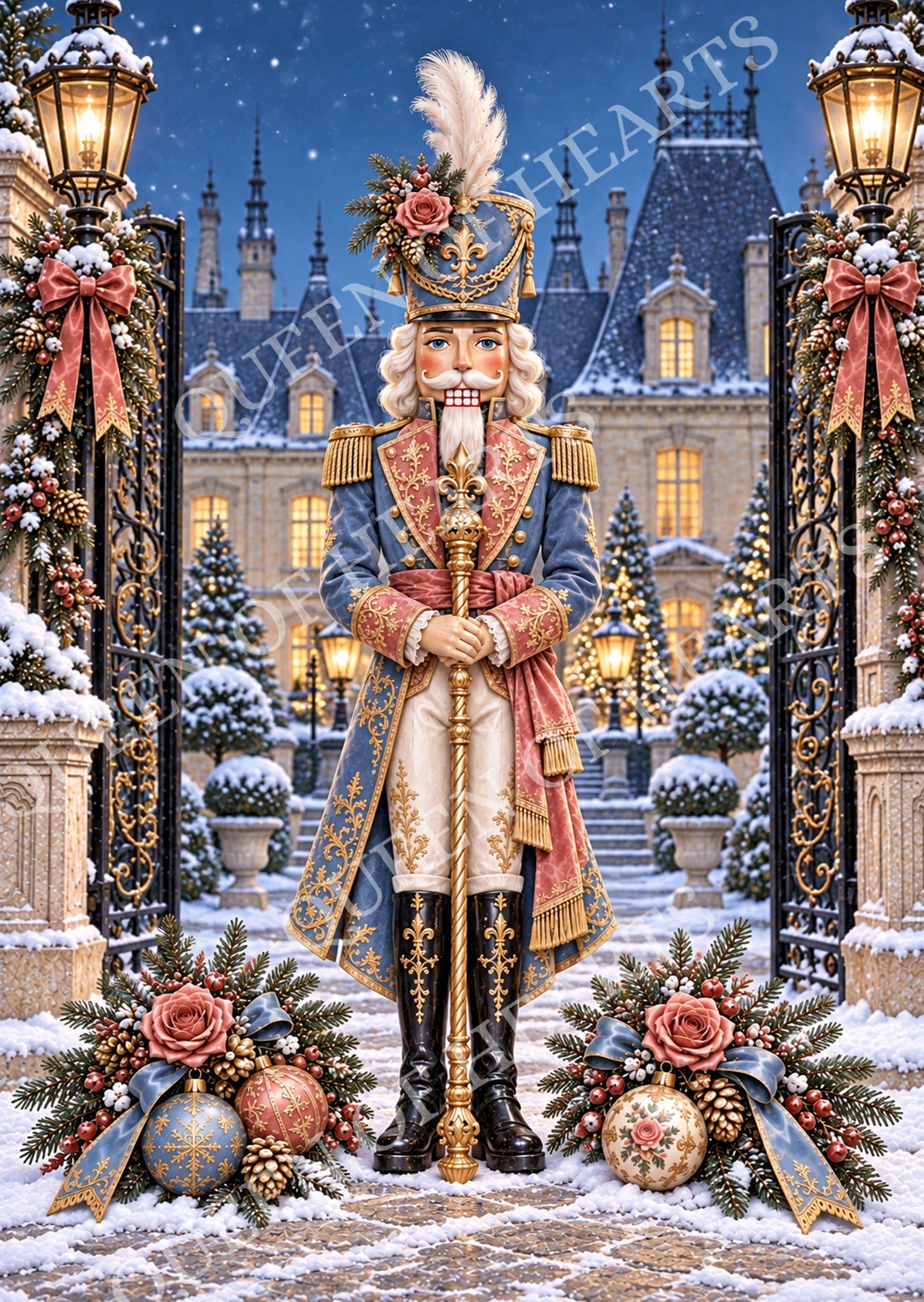 Elegant Christmas nutcracker in French blue and dusty rose standing before a snowy château.