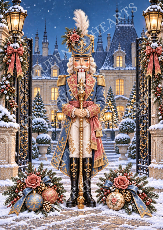 Elegant Christmas nutcracker in French blue and dusty rose standing before a snowy château.